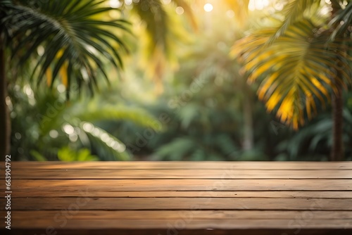 Empty wood table top with blur jungle background with bokeh light. Generative AI.
