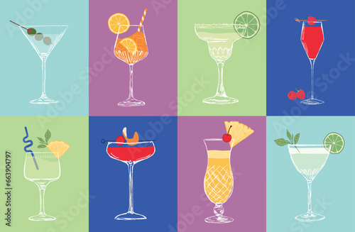 Set of cocktails. An illustration of classical drinks in different types of glasses. Vector illustration of popular cocktails. Banner with soft and alcohol drinks.