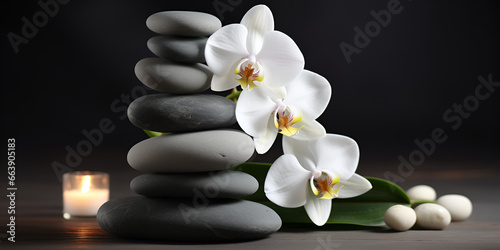 White orchid and spa stones on the grey background  Stack of pebble stones with flowers  generative AI  