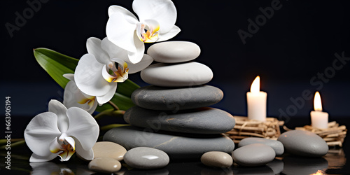 Spa stones and candles with flowers on dark background  A table with a glass bowl of white balls and a candle in the background  generative AI