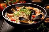 Rich seafood soup with mussels and wholesome ingredients. Generative AI