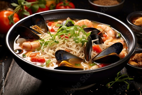 Rich seafood soup with mussels and wholesome ingredients. Generative AI