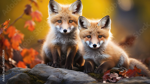 Two young foxes sit on a stone