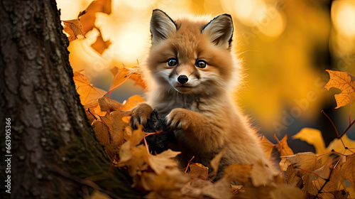 A young fox in the forest between yellow leaves