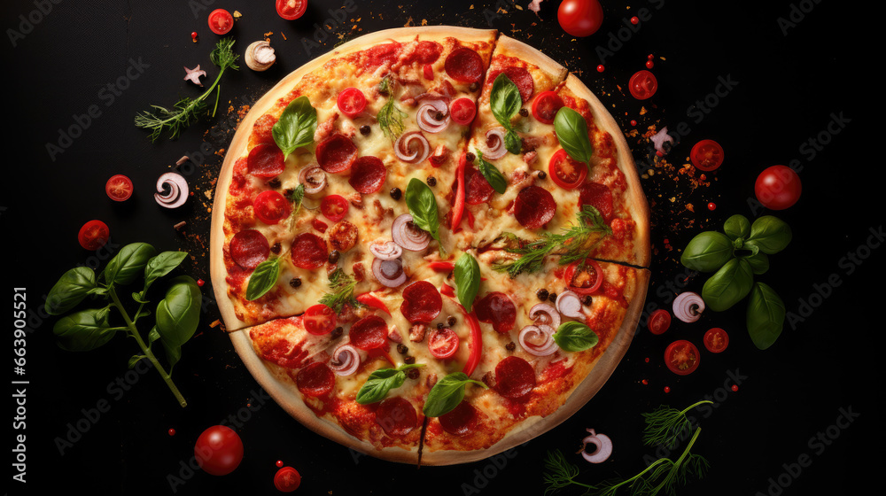 Delicious italian pizza with different ingredients on wooden table, top view