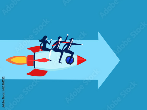 team of businessmen controls a rocket flying along the arrow pointing forward. vector