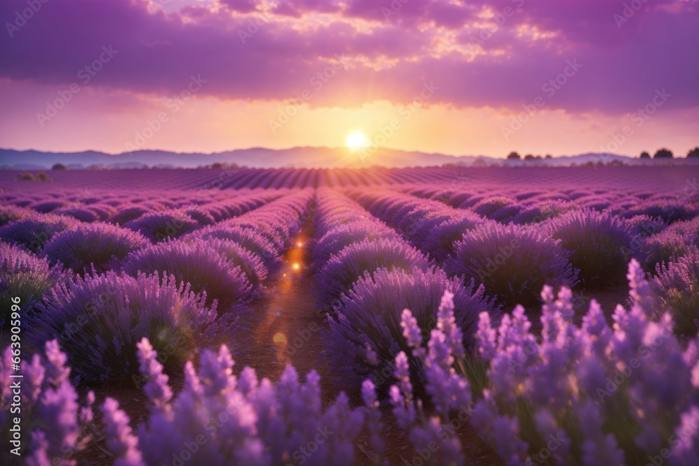 beautiful lavender field with the sunsetting. ai generative - obrazy, fototapety, plakaty 