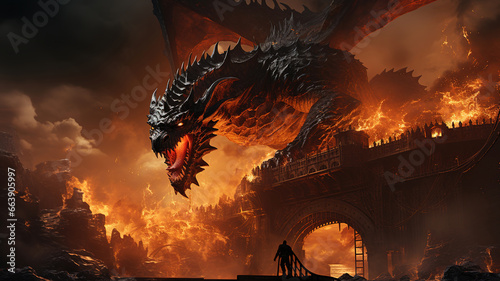 Big dangerous dragon attacking the bridge burning it down photo