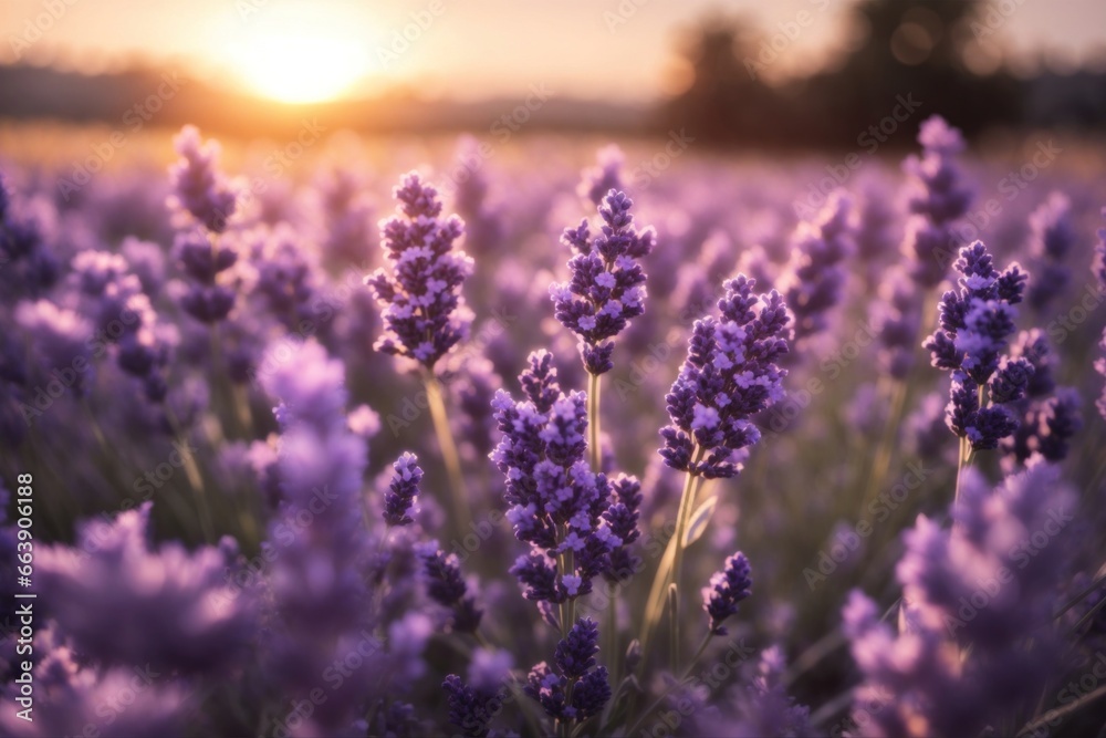 Obraz premium beautiful lavender field with the sunsetting. ai generative