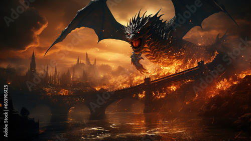 Dragon flying over burning bridge in fantasy world © Video_StockOrg