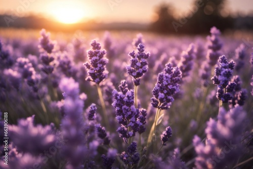 beautiful lavender field with the sunsetting. ai generative