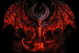 3d rendering of a fantasy dragon with fire on a black background, Full length angry red dragon with big wings and fire on black background, AI Generated