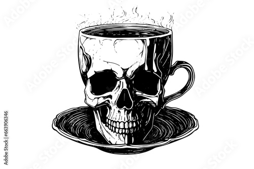 Skull cup with coffee hand drawn ink sketch. Engraved style vector illustration.