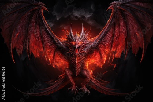 3d rendering of a fantasy dragon with fire on a black background, Full length angry red dragon with big wings and fire on black background, AI Generated