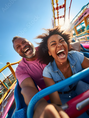 Couple having fun on amusement park rides.