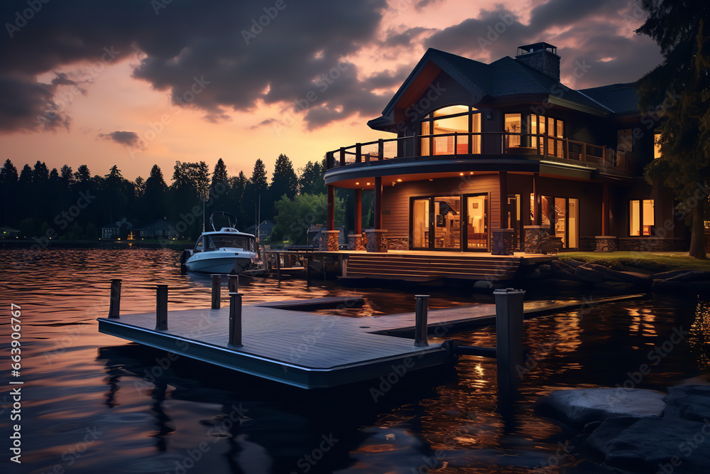 A charming lake house illuminated by the warm glow of indoor lights, complete with a dock and a speedboat, just as dusk settles in - obrazy, fototapety, plakaty 