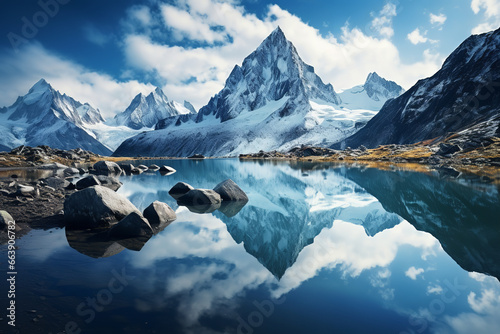 A breathtaking scene of snow-capped mountains majestically reflecting on the mirror-like surface of a still alpine lake on a crisp, clear day photo
