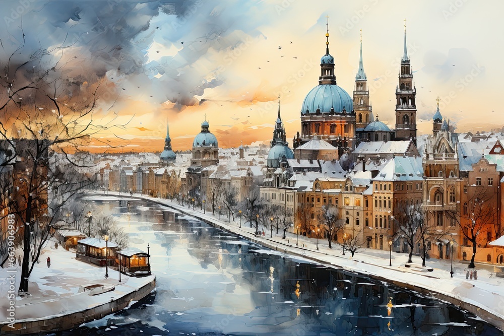 Winter city landscape. Watercolor illustration