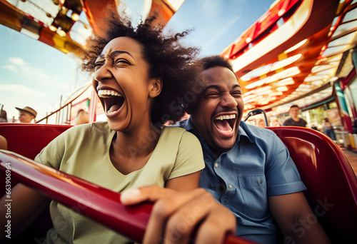 Couple having fun on amusement park rides.