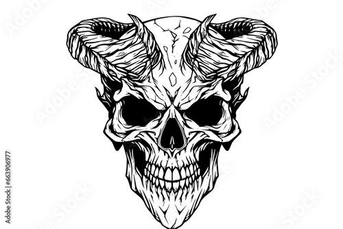 Devil skull with horns hand drawn ink sketch. Engraved style vector illustration.