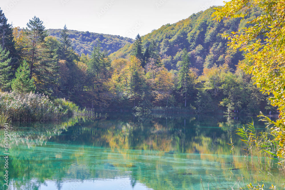 Beautiful view of Plitvice Lakes and waterfalls in National Park, Croatia, interesting background Beautiful view of Plitvice Lakes and waterfalls in National Park, Croatia, interesting background