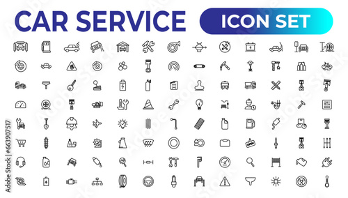 Car service icon set with editable stroke and white background. Auto service, car repair icon set. Car service and garage.