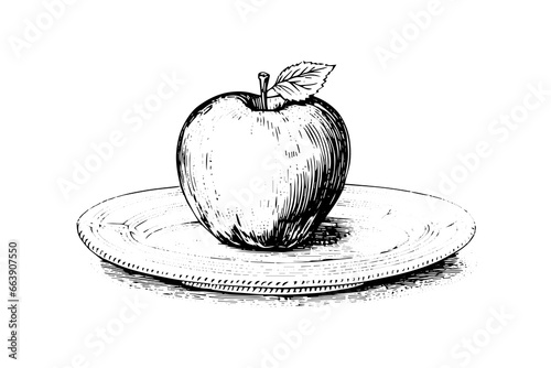 Apple on a plate hand drawn ink sketch. Engraved style vector illustration.
