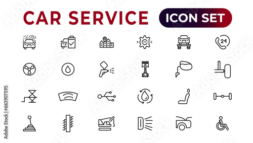 Car service icon set with editable stroke and white background. Auto service, car repair icon set. Car service and garage.