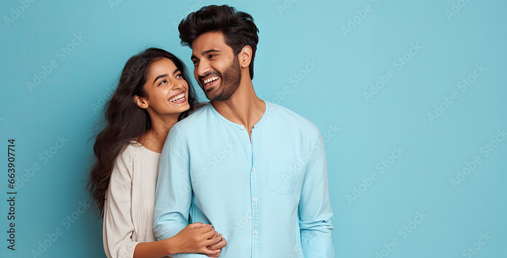Happy Indian couple on the studio isolated blue background. - obrazy, fototapety, plakaty 