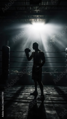 Silhouette of an unrecognizable boxer man sparring in a dark gym © Fly Frames