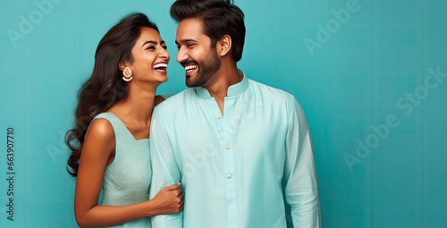 Happy Indian couple on the studio isolated blue background.