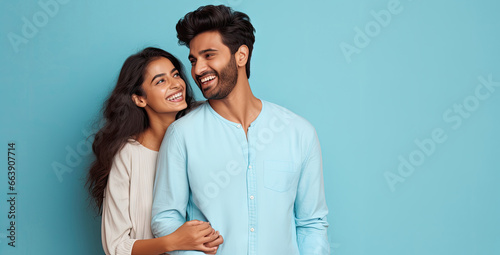 Happy Indian couple on the studio isolated blue background. photo