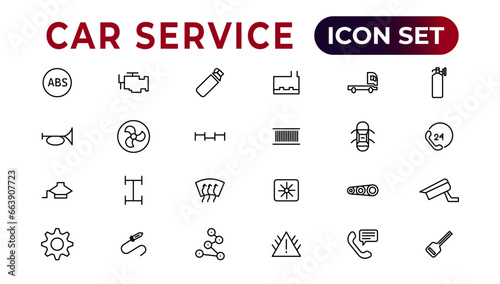 Car service icon set with editable stroke and white background. Auto service, car repair icon set. Car service and garage.