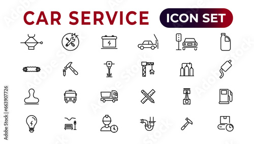 Car service icon set with editable stroke and white background. Auto service, car repair icon set. Car service and garage.