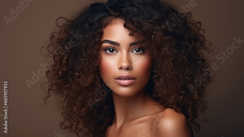 beautiful curly young mulatto with clear, radiant skin. Facial care. Cosmetology, beauty and spa