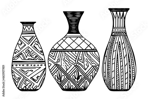 Set of ancient vase hand drawn ink sketch. Engraved style vector illustration. photo