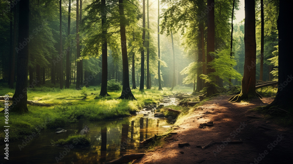 Fototapeta premium Forest background with copyspace. Nature background. Green background concept. Generative AI