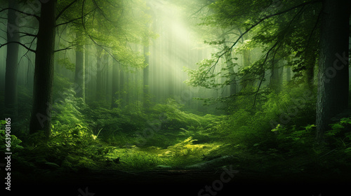 Forest background with copyspace. Nature background. Green background concept. Generative AI © BoszyArtis