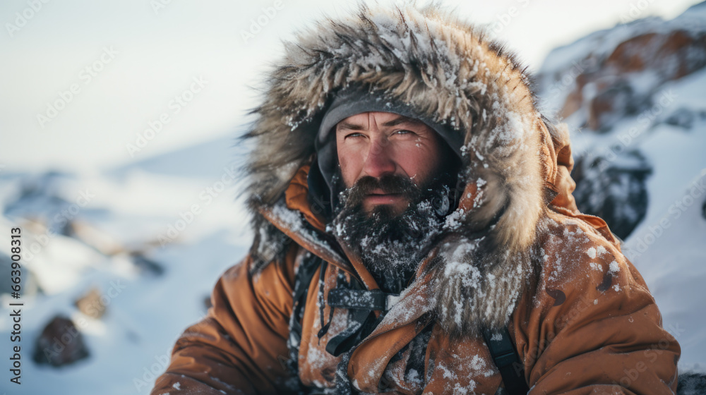 Fototapeta premium A man dressed warmly on an Arctic expedition