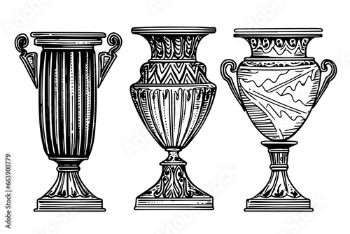 Set of ancient vase hand drawn ink sketch. Engraved style vector illustration