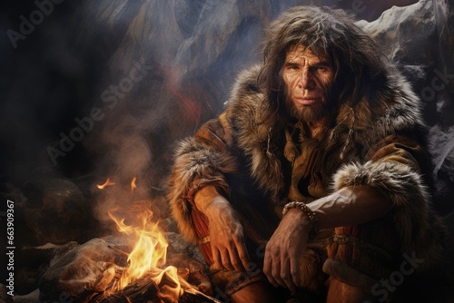 portrait of a neanderthal in cave with fire place