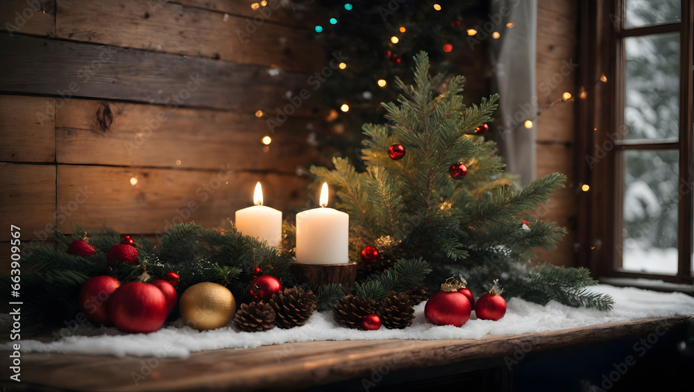 A small Christmas tree with two burning candles and baubles on an old table in front of a rustic wooden wall