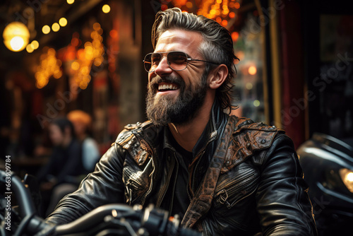 portrait of a happy bearded man motorcyclist biker in leather jacket on a motorcycle © alexkoral