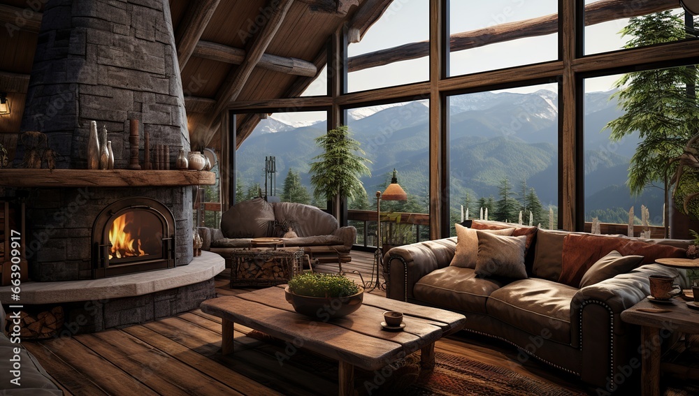 Cozy mountain living room with a fireplace and panoramic mountain views. Ecolodge house interior.