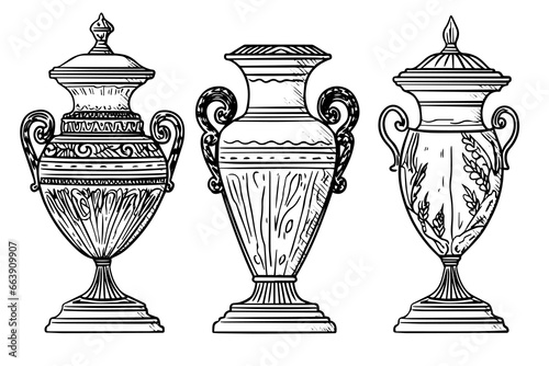 Set of ancient vase hand drawn ink sketch. Engraved style vector illustration