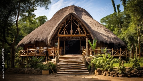 Hut with a thatched roof surrounded by a tropical forest. Ecolodge house interior.