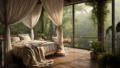 A cozy bedroom with a bed surrounded by soft fabrics, overlooking the forest through a panoramic window, and adorned with numerous indoor plants. Ecolodge house interior.