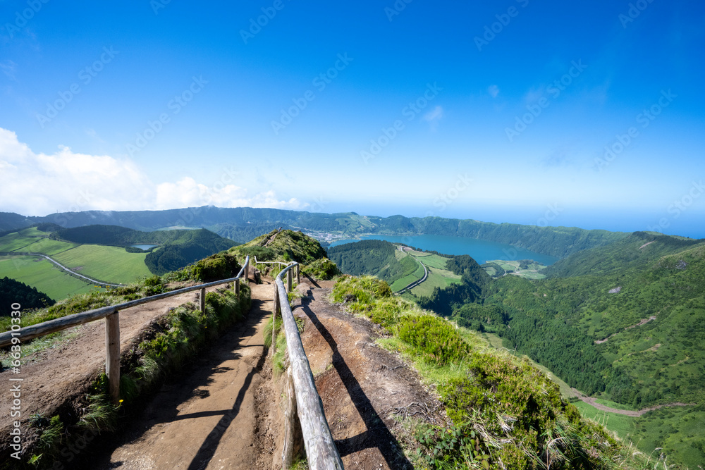 Pathway leading to Miradouro da Boca do Inferno with the view of Sete Cidades in São Miguel island, Azores