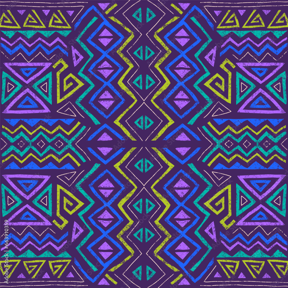 African ethnic seamless pattern in tribal style. Trendy abstract geometric background with grunge texture. Unique design elements for textile, banner, cover, wallpaper, wrapping African ethnic seamless pattern in tribal style. Trendy abstract geometric background with grunge texture. Unique design elements for textile, banner, cover, wallpaper, wrapping