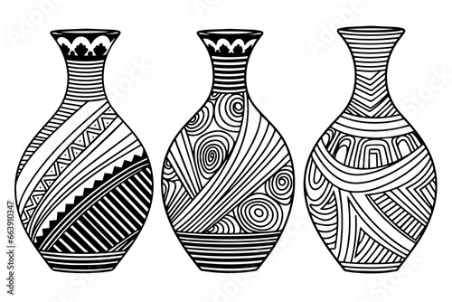 Set of ancient vase hand drawn ink sketch. Engraved style vector illustration
